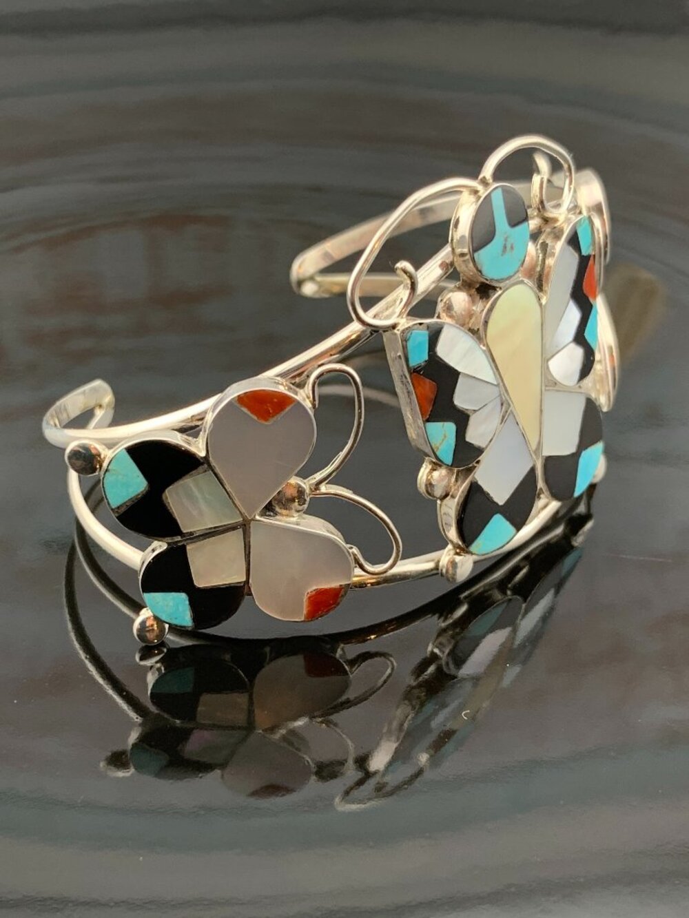 Butterfly Stone Inlay Zuni Native American Cuff Bracelet 925 A. Dishta J1423 - Picture 3 of 11